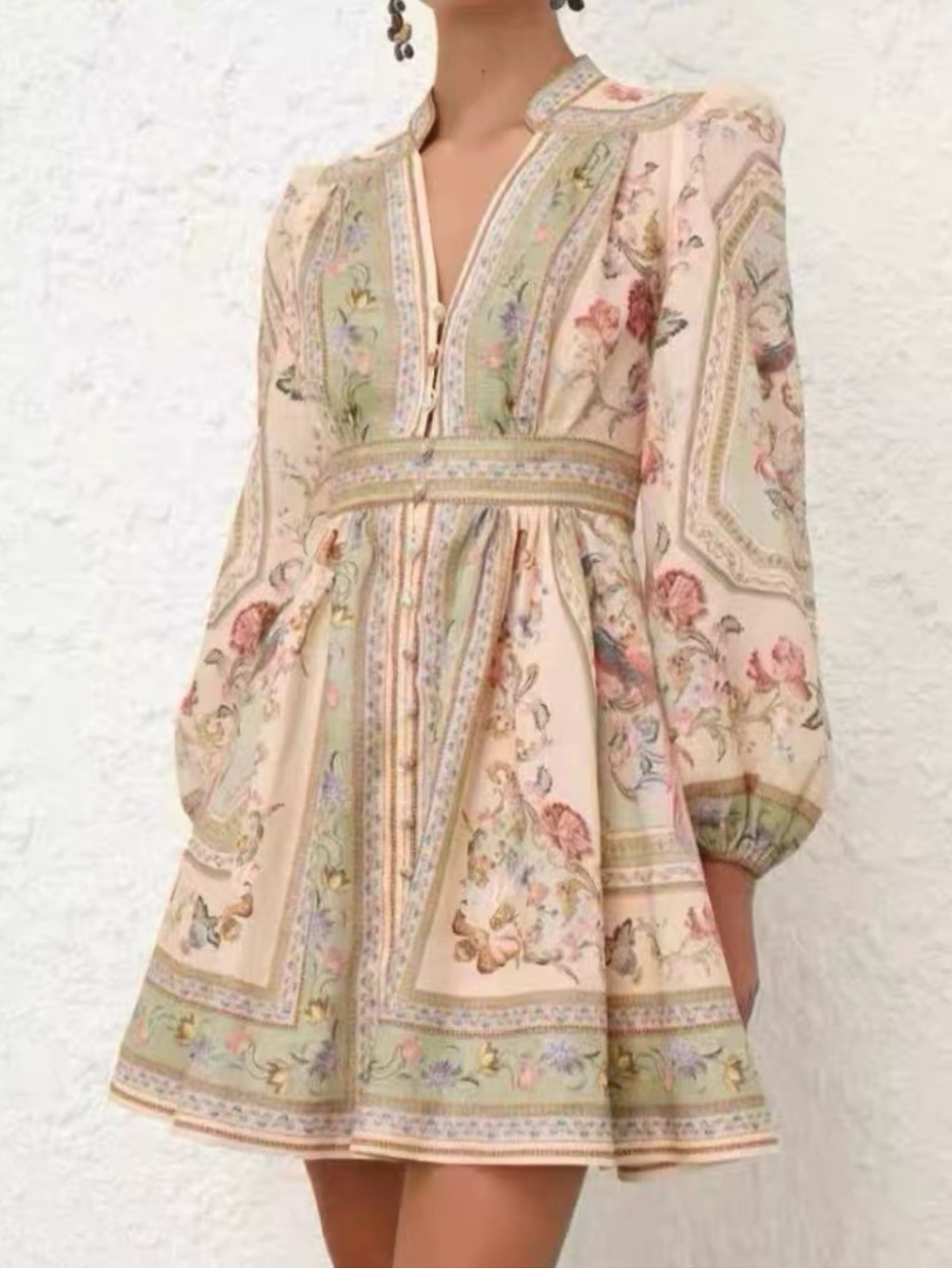 Zimmermann Floral Printed V-Neck Mini Dress in Blush